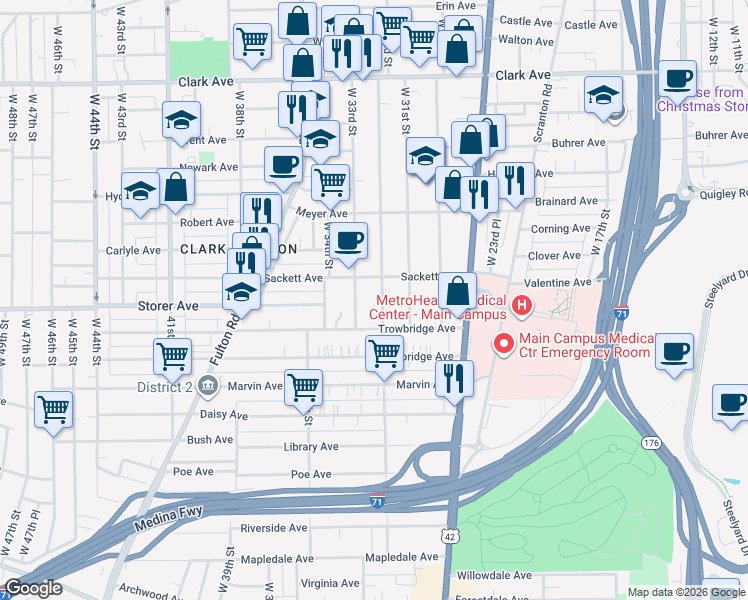 map of restaurants, bars, coffee shops, grocery stores, and more near 3347 West 33rd Street in Cleveland