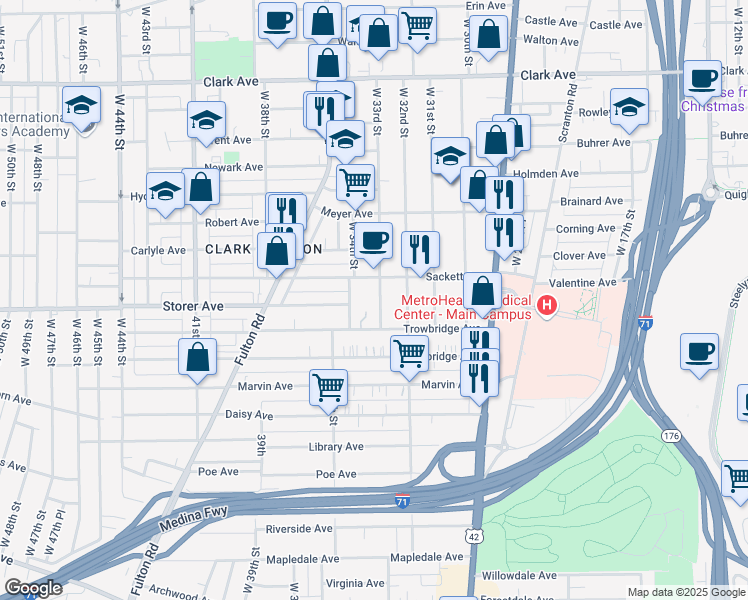 map of restaurants, bars, coffee shops, grocery stores, and more near 3347 West 33rd Street in Cleveland