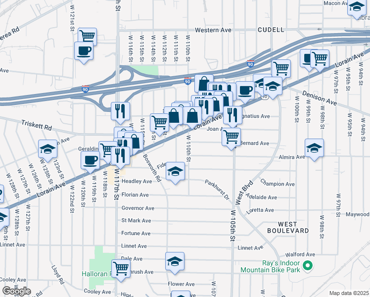map of restaurants, bars, coffee shops, grocery stores, and more near 3289 West 111th Street in Cleveland
