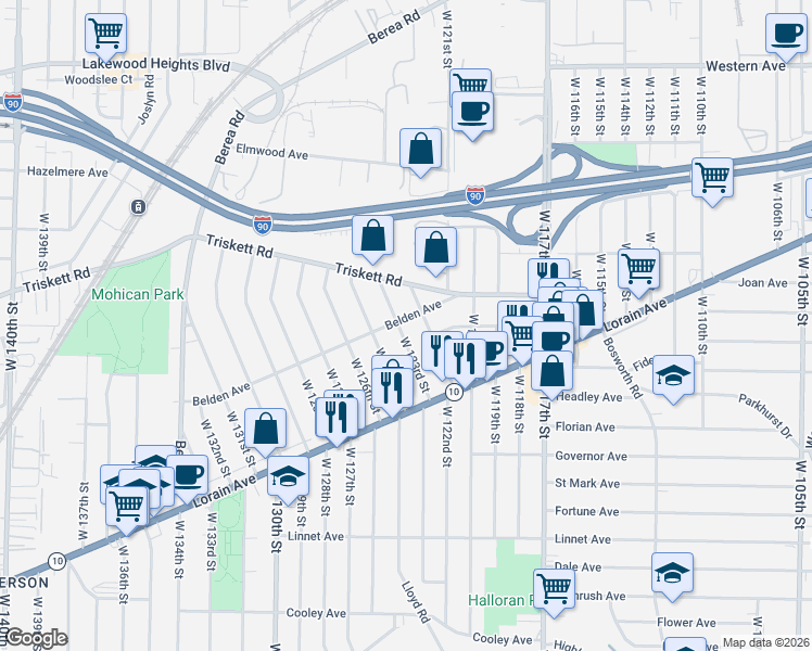 map of restaurants, bars, coffee shops, grocery stores, and more near 3288 West 122nd Street in Cleveland