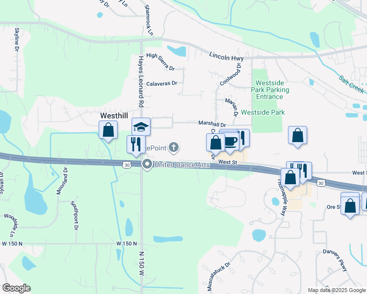 map of restaurants, bars, coffee shops, grocery stores, and more near 2590 Morthland Drive in Valparaiso