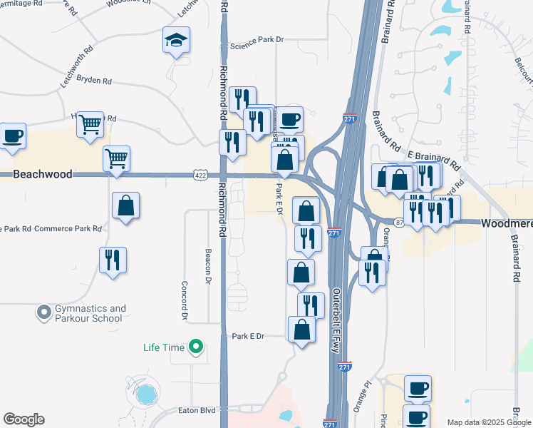 map of restaurants, bars, coffee shops, grocery stores, and more near 3550 Park East Drive in Beachwood