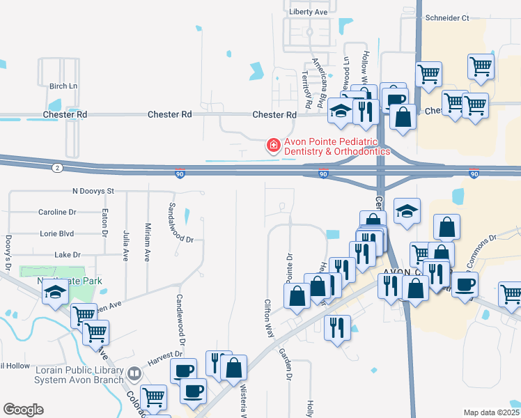 map of restaurants, bars, coffee shops, grocery stores, and more near 2035 West Reserve Circle in Avon