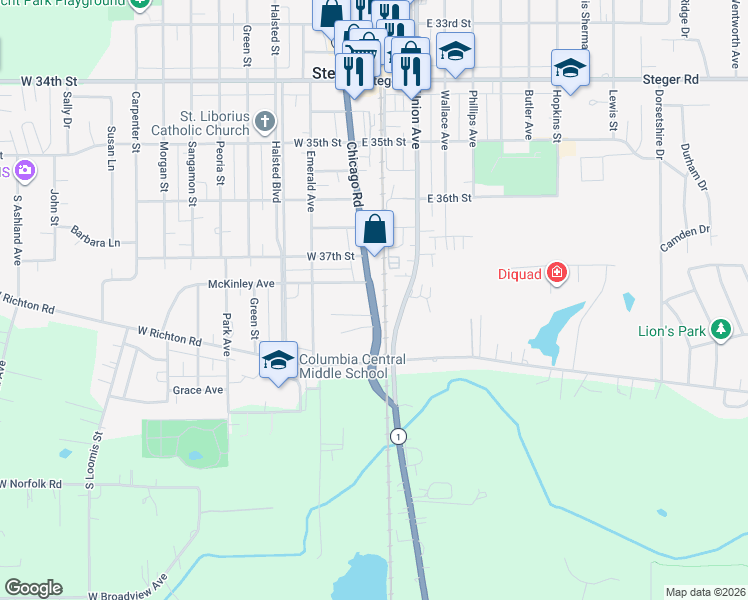map of restaurants, bars, coffee shops, grocery stores, and more near 3729 Chicago Road in Steger