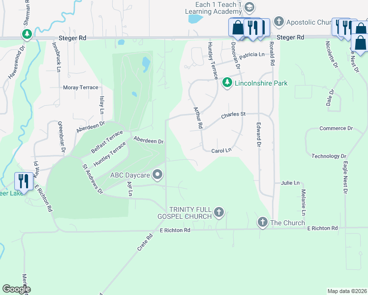 map of restaurants, bars, coffee shops, grocery stores, and more near 25 Arthur Court in Crete