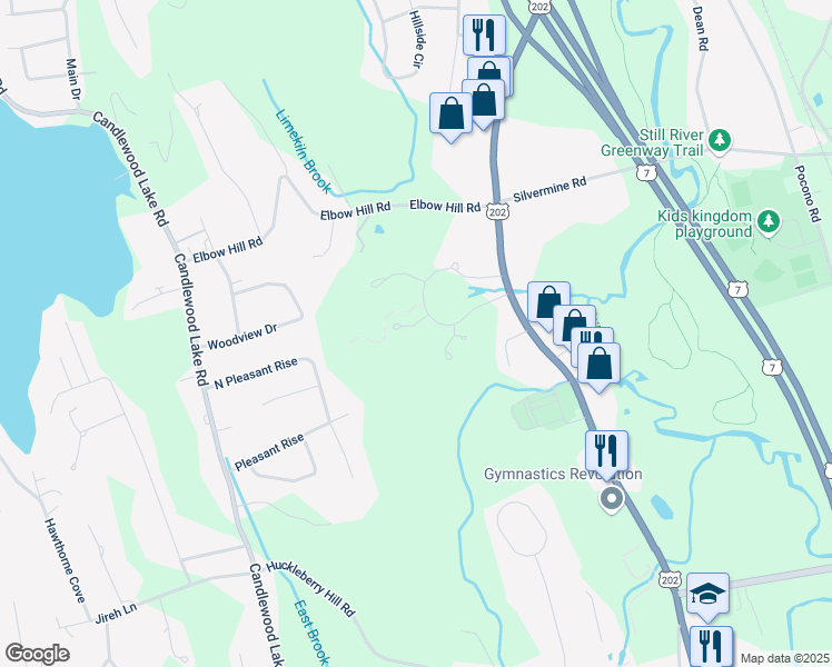 map of restaurants, bars, coffee shops, grocery stores, and more near 7 Oak Meadows Drive in Brookfield