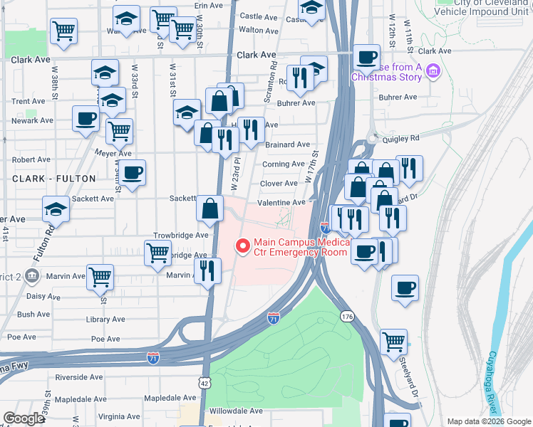 map of restaurants, bars, coffee shops, grocery stores, and more near 3333w West 23rd Place in Cleveland