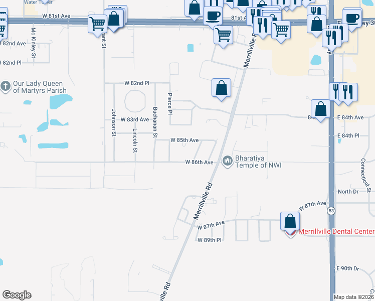 map of restaurants, bars, coffee shops, grocery stores, and more near 1213 W 85th Cir in Merrillville