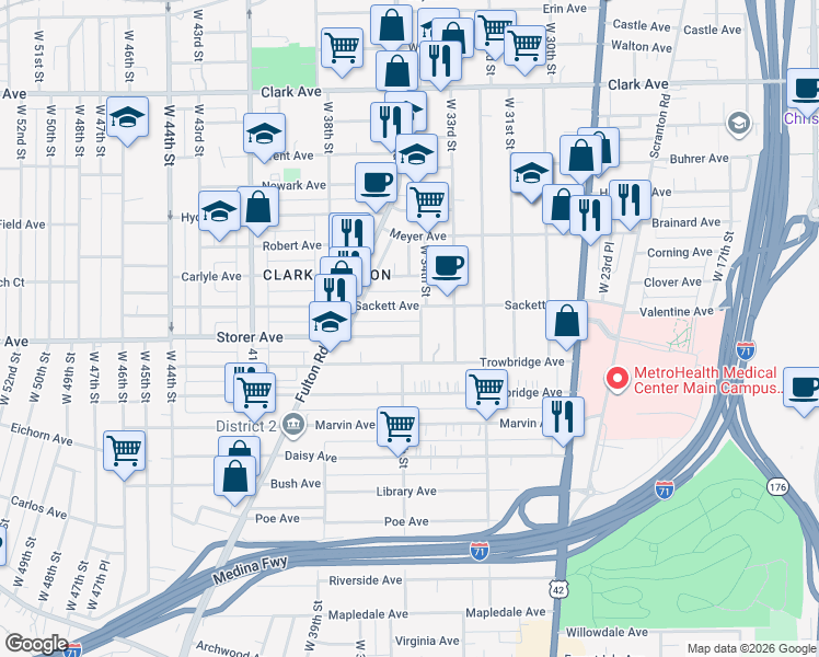 map of restaurants, bars, coffee shops, grocery stores, and more near 3411 Sackett Avenue in Cleveland