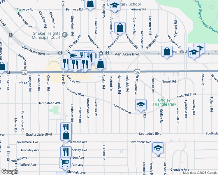 map of restaurants, bars, coffee shops, grocery stores, and more near 3558 Daleford Road in Shaker Heights