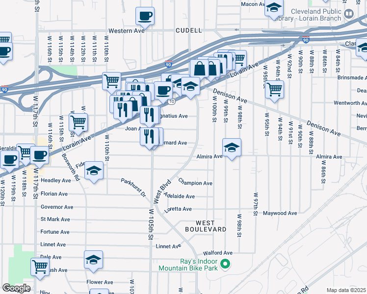 map of restaurants, bars, coffee shops, grocery stores, and more near 10227 Bernard Avenue in Cleveland
