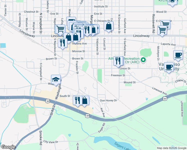 map of restaurants, bars, coffee shops, grocery stores, and more near South Morgan Boulevard in Valparaiso
