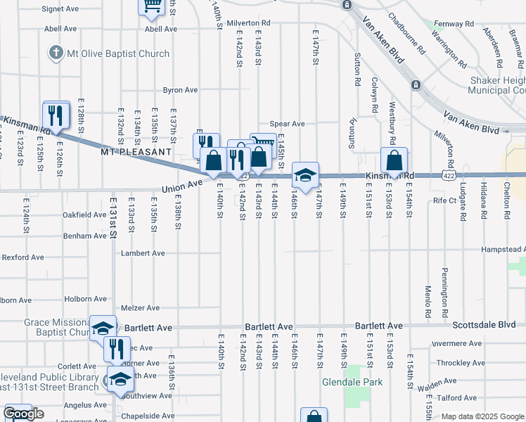 map of restaurants, bars, coffee shops, grocery stores, and more near 3545 East 143rd Street in Cleveland