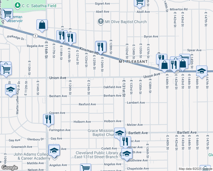 map of restaurants, bars, coffee shops, grocery stores, and more near 12709 Oakfield Avenue in Cleveland