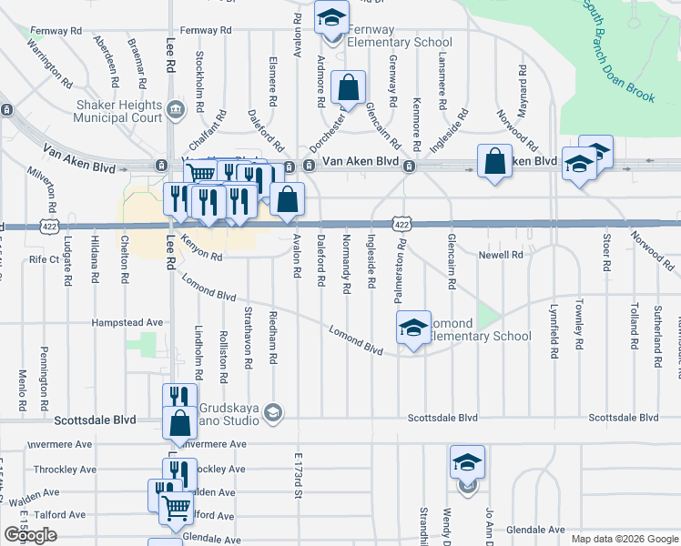 map of restaurants, bars, coffee shops, grocery stores, and more near 3553 Normandy Road in Shaker Heights