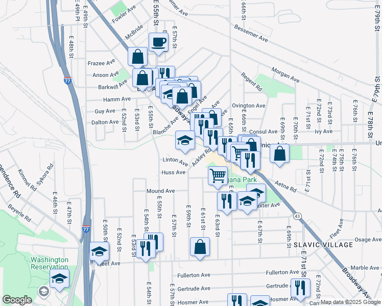 map of restaurants, bars, coffee shops, grocery stores, and more near 5709 Linton Avenue in Cleveland