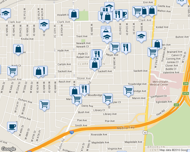 map of restaurants, bars, coffee shops, grocery stores, and more near in Cleveland