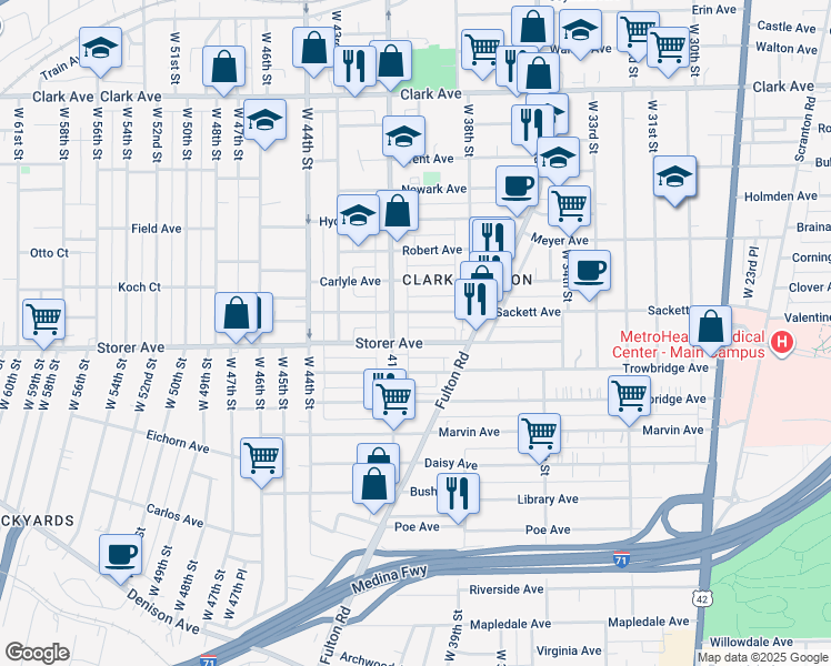 map of restaurants, bars, coffee shops, grocery stores, and more near 4013 Sackett Avenue in Cleveland