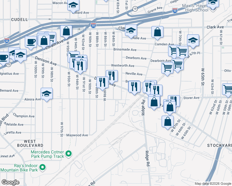 map of restaurants, bars, coffee shops, grocery stores, and more near 3333 West 84th Street in Cleveland