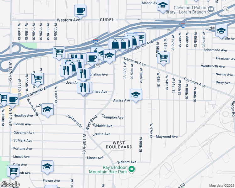 map of restaurants, bars, coffee shops, grocery stores, and more near 3295 West Boulevard in Cleveland