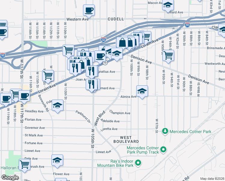 map of restaurants, bars, coffee shops, grocery stores, and more near 10227 Bernard Avenue in Cleveland