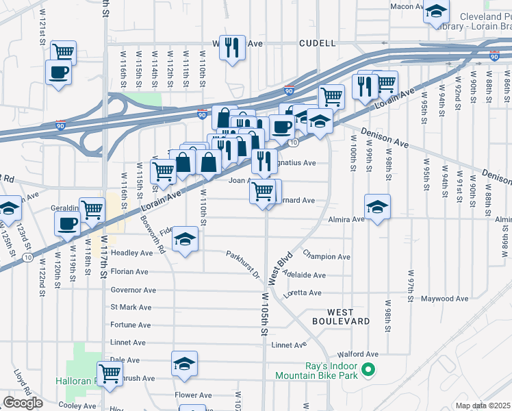 map of restaurants, bars, coffee shops, grocery stores, and more near 3292 West 105th Street in Cleveland