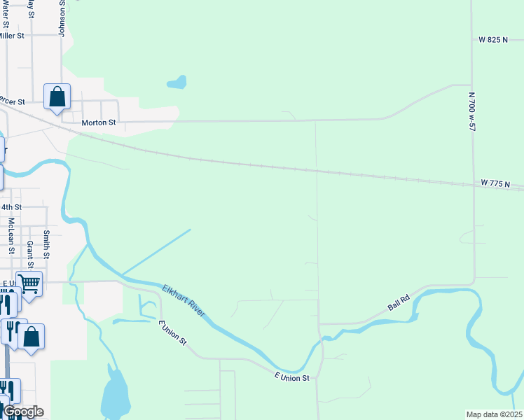 map of restaurants, bars, coffee shops, grocery stores, and more near 550 North 750 West in Ligonier