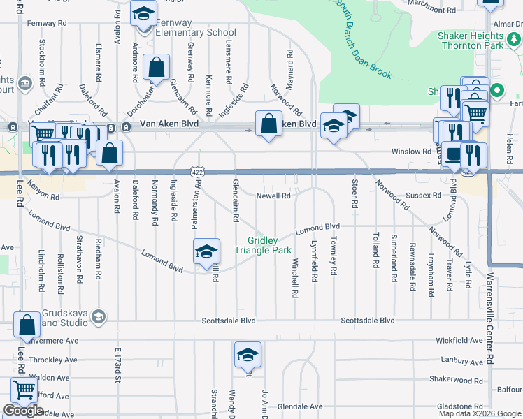 map of restaurants, bars, coffee shops, grocery stores, and more near 3559 Gridley Road in Shaker Heights