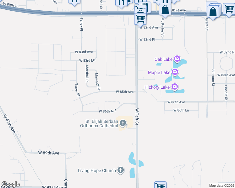 map of restaurants, bars, coffee shops, grocery stores, and more near 2445 West 85th Avenue in Merrillville