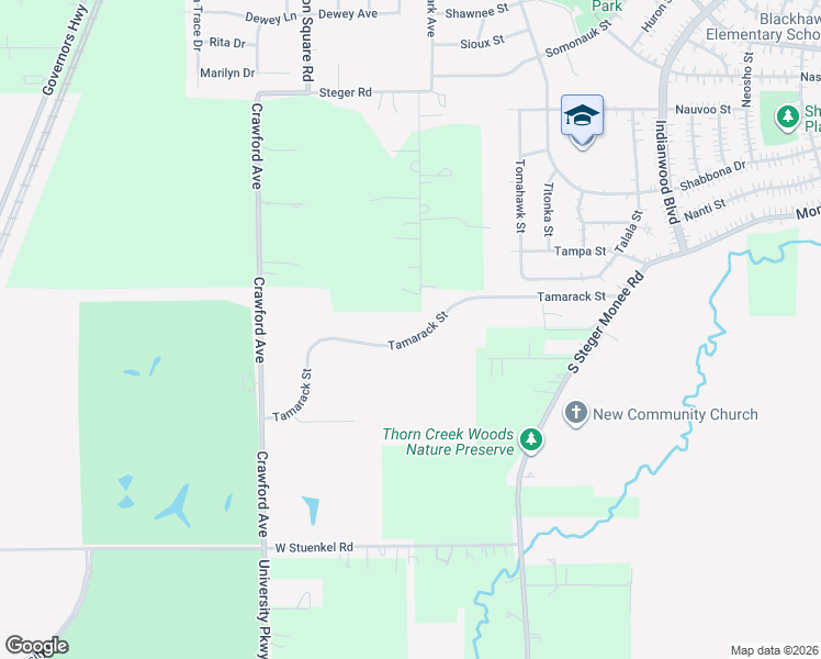 map of restaurants, bars, coffee shops, grocery stores, and more near 392 Tamarack Street in Park Forest
