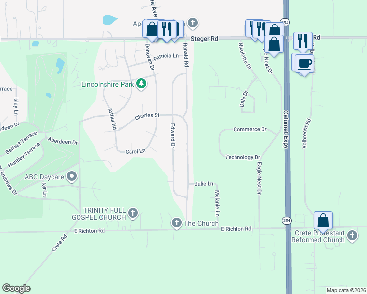 map of restaurants, bars, coffee shops, grocery stores, and more near 3612 Ronald Road in Crete