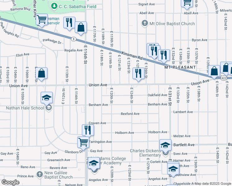 map of restaurants, bars, coffee shops, grocery stores, and more near 12013 Oakfield Avenue in Cleveland