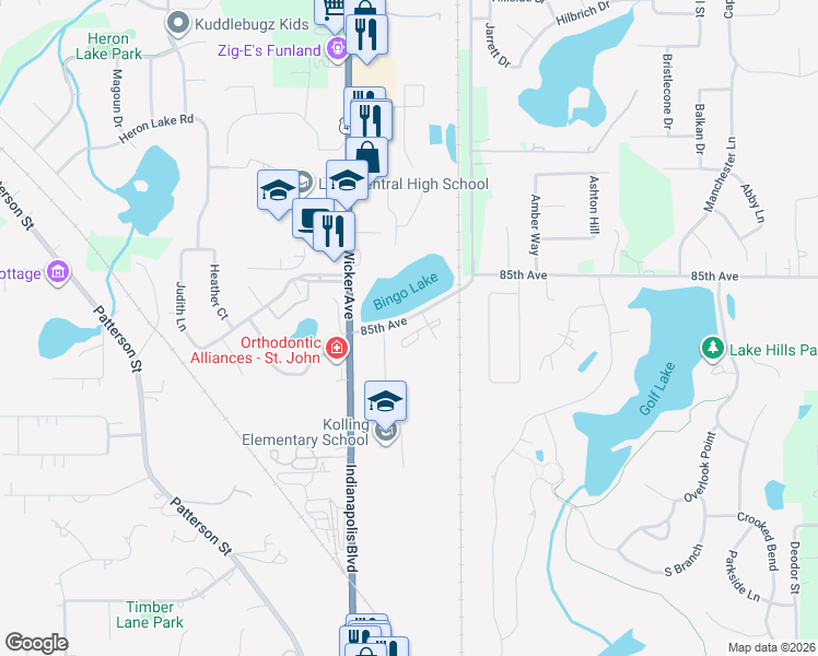 map of restaurants, bars, coffee shops, grocery stores, and more near Bingo Lake Road in St. John