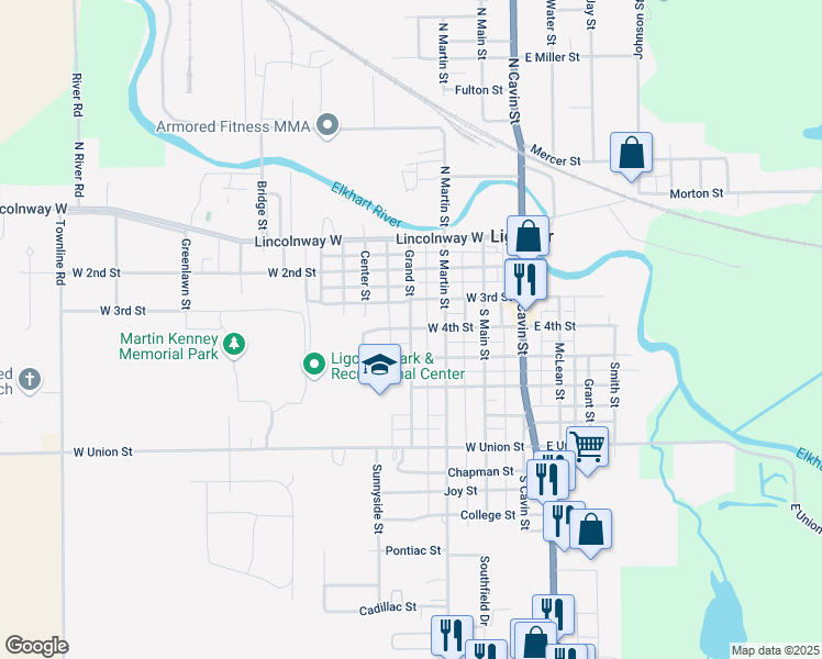 map of restaurants, bars, coffee shops, grocery stores, and more near Grand Street in Ligonier