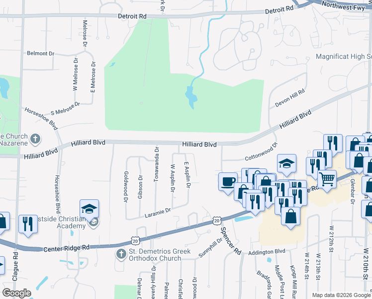 map of restaurants, bars, coffee shops, grocery stores, and more near 22525 Hilliard Boulevard in Rocky River