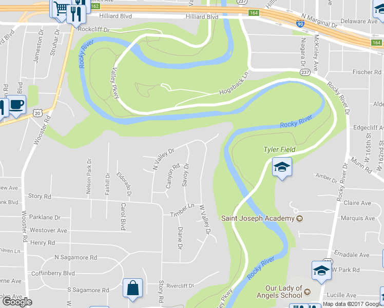map of restaurants, bars, coffee shops, grocery stores, and more near 3833 Savoy Drive in Fairview Park