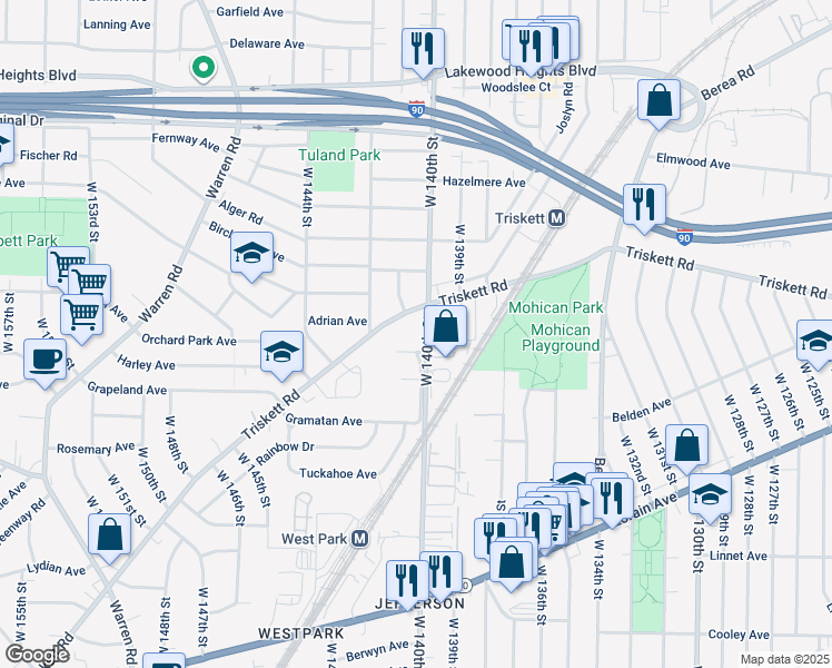 map of restaurants, bars, coffee shops, grocery stores, and more near 3318 West 140th Street in Cleveland