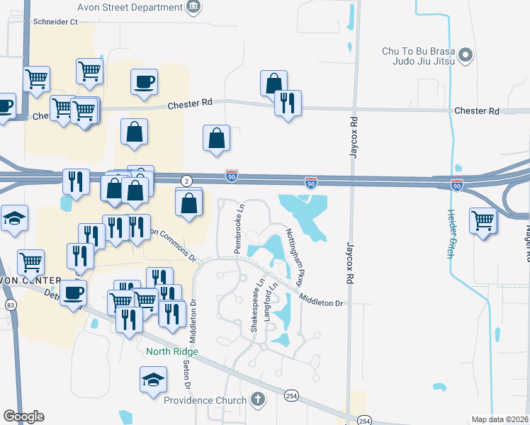 map of restaurants, bars, coffee shops, grocery stores, and more near 1903 Pembrooke Lane in Avon