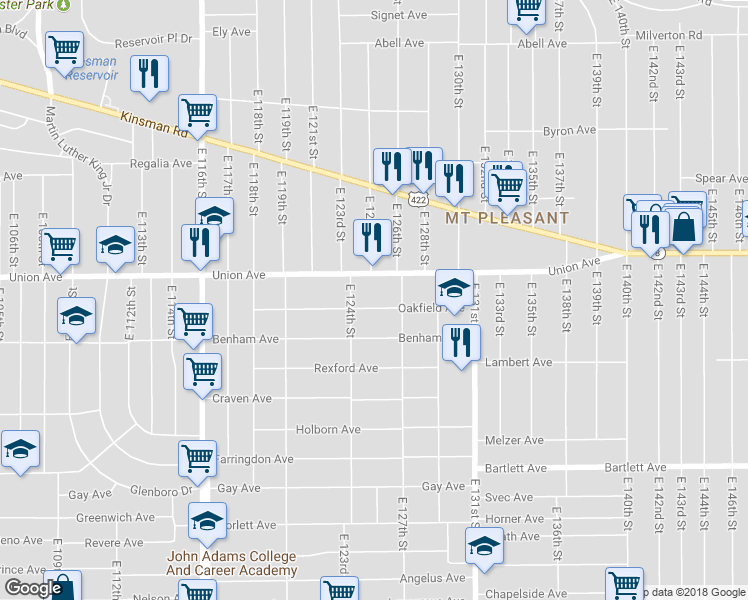 map of restaurants, bars, coffee shops, grocery stores, and more near 12505 Oakfield Avenue in Cleveland
