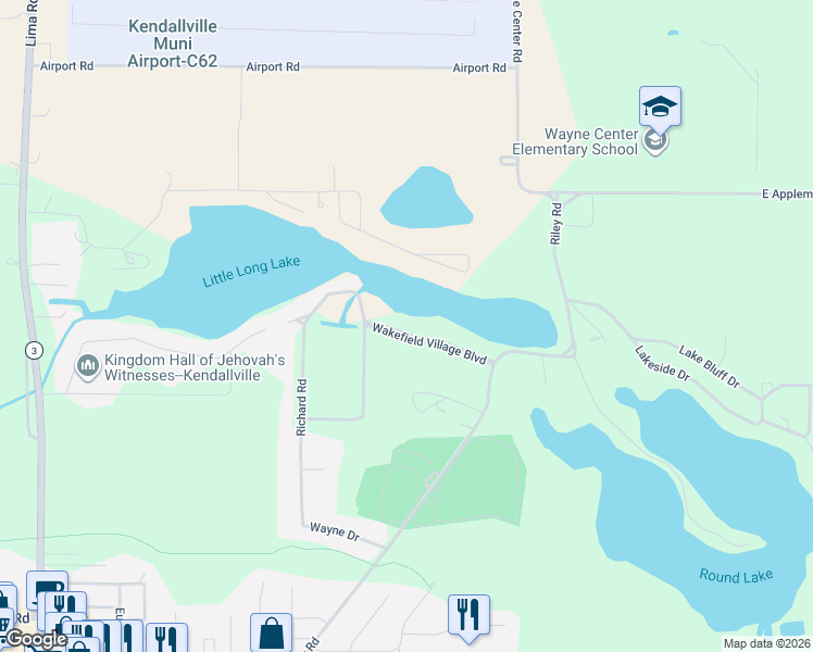 map of restaurants, bars, coffee shops, grocery stores, and more near 609 Wakefield Village Boulevard in Kendallville