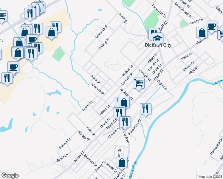 map of restaurants, bars, coffee shops, grocery stores, and more near 836 Walker Street in Dickson City