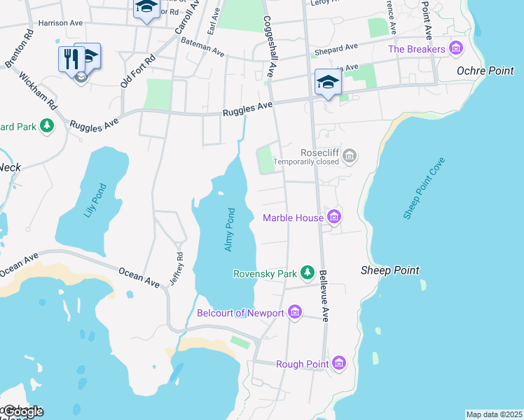 map of restaurants, bars, coffee shops, grocery stores, and more near 8 Almy Court in Newport