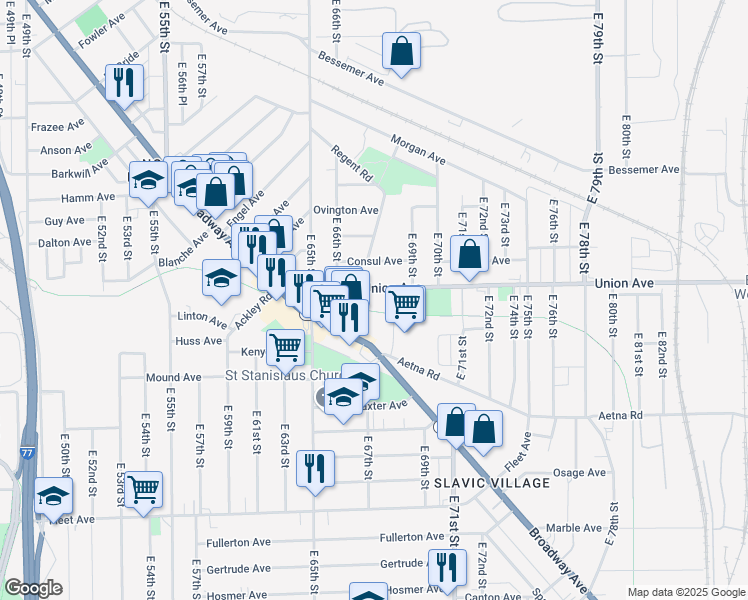 map of restaurants, bars, coffee shops, grocery stores, and more near 6800 Union Avenue in Cleveland