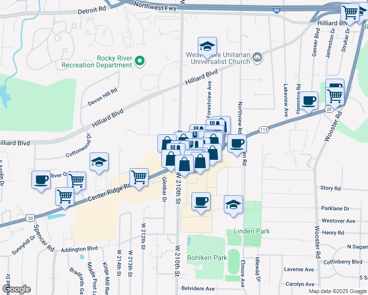map of restaurants, bars, coffee shops, grocery stores, and more near 2883 Wagar Road in Rocky River