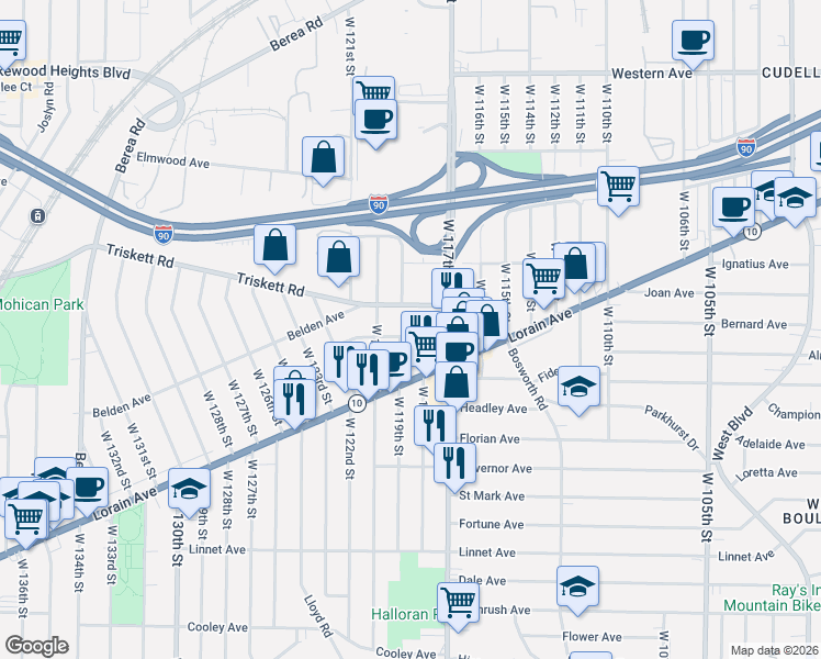 map of restaurants, bars, coffee shops, grocery stores, and more near 11902 Geraldine Avenue in Cleveland