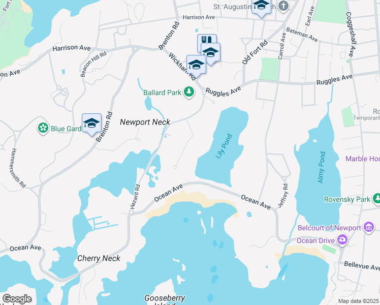 map of restaurants, bars, coffee shops, grocery stores, and more near 18 Ocean Heights Road in Newport
