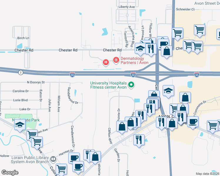 map of restaurants, bars, coffee shops, grocery stores, and more near 2035 West Reserve Circle in Avon