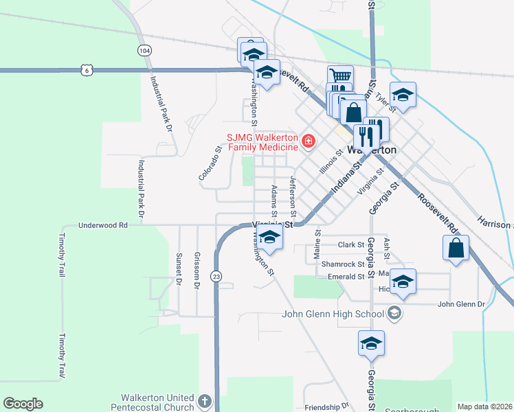 map of restaurants, bars, coffee shops, grocery stores, and more near 903 Illinois St in Walkerton