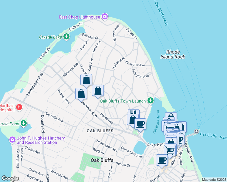 map of restaurants, bars, coffee shops, grocery stores, and more near 21 Mountain Avenue in Oak Bluffs