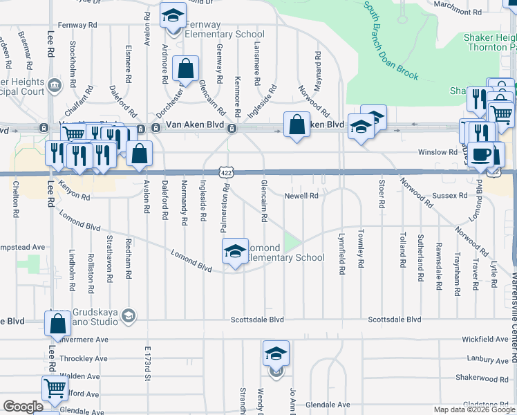 map of restaurants, bars, coffee shops, grocery stores, and more near 3552 Glencairn Road in Shaker Heights